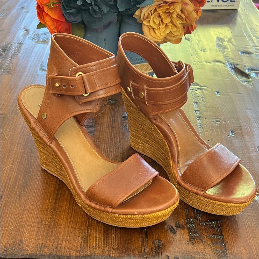 UGG Tan Leather Wedge Sandals